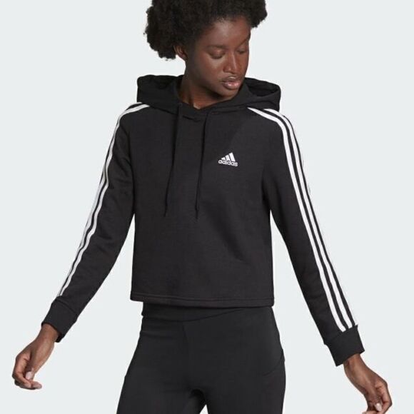 ADIDAS Sweatshirt Short Woman Cotton Cropped Hoodie Sweatshirt Black White - Picture 1 of 13